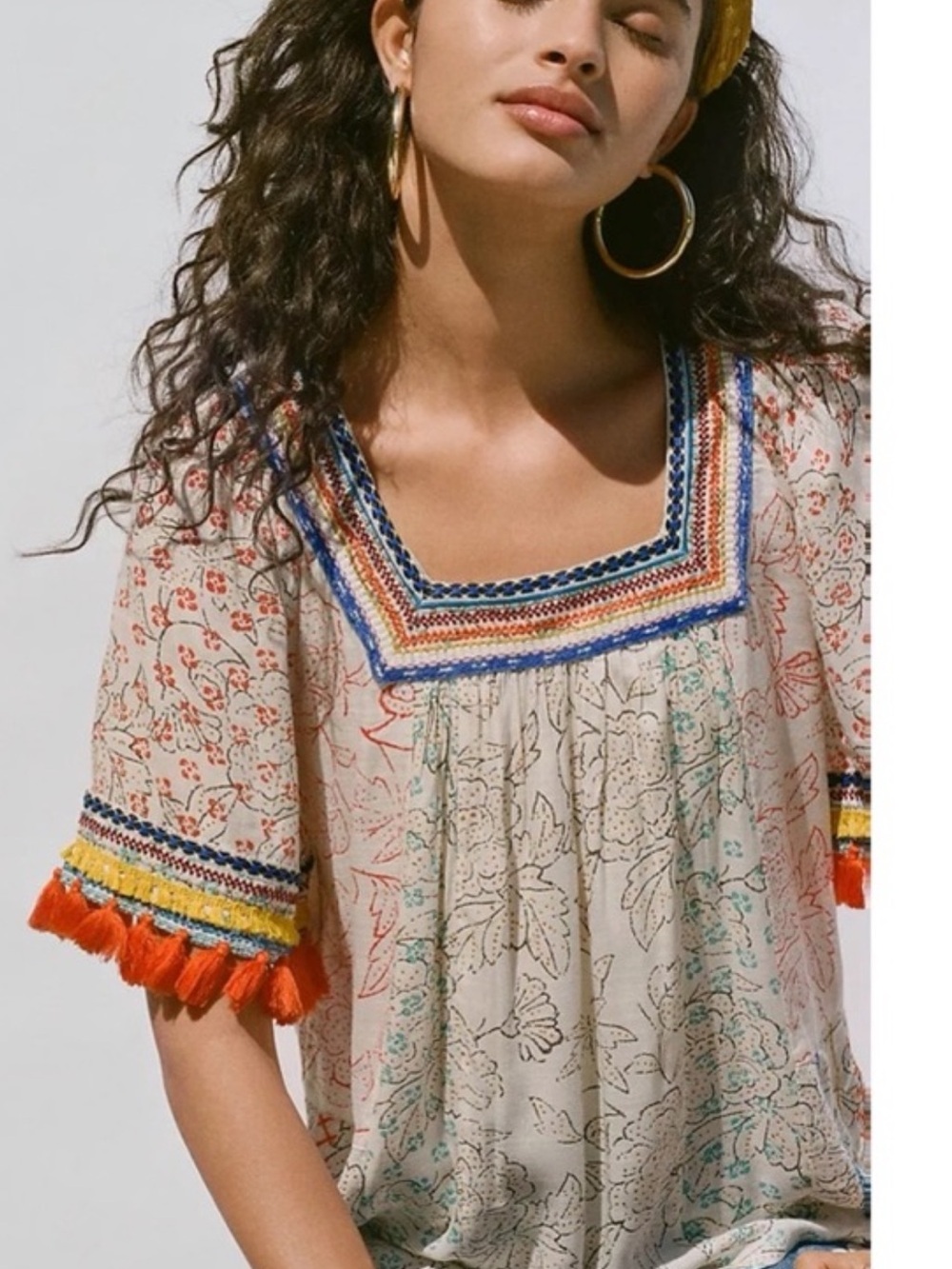 Anthropologie Cream Boho Square-Neck Tassel Sleeve Top with Orange Trim